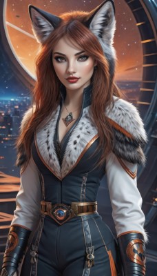 1girl,solo,long hair,breasts,looking at viewer,brown hair,gloves,long sleeves,animal ears,cleavage,brown eyes,jewelry,medium breasts,cowboy shot,earrings,parted lips,belt,pants,hood,necklace,lips,fur trim,makeup,lipstick,gauntlets,pendant,red lips,large breasts,shirt,standing,sky,artist name,signature,mole,fox ears,bodysuit,night,black pants,fox girl,star (sky),starry sky,freckles,city,realistic,cityscape,city lights