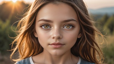 1girl,solo,long hair,looking at viewer,smile,brown hair,shirt,brown eyes,closed mouth,yellow eyes,outdoors,day,blurry,lips,eyelashes,depth of field,blurry background,sunlight,portrait,close-up,forehead,freckles,realistic,nose,wind,messy hair