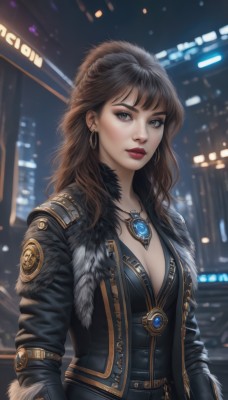 1girl,solo,long hair,breasts,looking at viewer,bangs,brown hair,black hair,long sleeves,cleavage,brown eyes,jewelry,medium breasts,closed mouth,jacket,upper body,earrings,outdoors,open clothes,belt,necklace,mole,blurry,open jacket,lips,coat,black jacket,grey eyes,fur trim,eyelashes,makeup,night,depth of field,blurry background,lipstick,pendant,zipper,hoop earrings,city,realistic,nose,red lips,leather,leather jacket,city lights,backlighting,neon lights