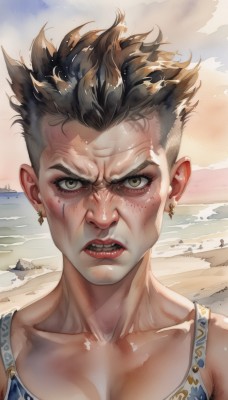 solo,looking at viewer,short hair,open mouth,brown hair,black hair,1boy,brown eyes,jewelry,green eyes,collarbone,upper body,male focus,earrings,outdoors,sky,teeth,day,artist name,signature,water,lips,ocean,beach,tank top,portrait,angry,freckles,realistic,sand,undercut,1girl,makeup,scar,spiked hair,clenched teeth,dirty