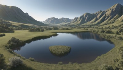 outdoors,sky,day,signature,water,tree,no humans,grass,nature,scenery,forest,mountain,river,landscape,lake,blue sky,reflection