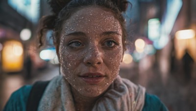 1girl,solo,looking at viewer,blue eyes,brown hair,outdoors,parted lips,teeth,scarf,mole,blurry,lips,wet,depth of field,blurry background,portrait,freckles,realistic,nose,wet hair,smile,black hair,1boy,male focus,dark skin,grey eyes,night,bokeh