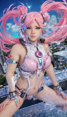 1girl,solo,long hair,breasts,looking at viewer,blue eyes,navel,bare shoulders,twintails,jewelry,medium breasts,sitting,pink hair,outdoors,sky,day,midriff,shiny,spread legs,water,blurry,bracelet,lips,bodysuit,floating hair,blurry background,building,armlet,science fiction,city,realistic,headgear,headphones,headset