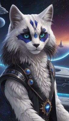 solo,looking at viewer,blue eyes,1boy,jewelry,closed mouth,upper body,male focus,outdoors,sky,artist name,signature,necklace,vest,no humans,night,animal,fangs,moon,cat,slit pupils,brooch,gem,star (sky),night sky,furry,pendant,starry sky,colored sclera,space,furry male,white fur,planet,whiskers,earth (planet),blue gemstone,black fur,fluffy,blue sclera,animal ears,cat ears,animal ear fluff,spacecraft