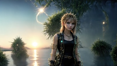 HQ,1girl,solo,long hair,breasts,looking at viewer,blue eyes,blonde hair,gloves,cleavage,jewelry,medium breasts,standing,collarbone,upper body,earrings,outdoors,parted lips,open clothes,sky,sleeveless,belt,water,necklace,vest,bracelet,tree,lips,black shirt,glowing,chain,ocean,sunlight,plant,gem,scenery,armlet,backlighting,sunset,circlet,realistic,nose,palm tree,sun,lake,braid,tiara,nature