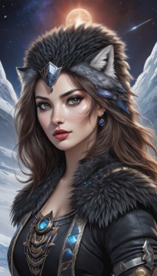 1girl,solo,long hair,breasts,looking at viewer,brown hair,hat,animal ears,cleavage,brown eyes,jewelry,medium breasts,closed mouth,upper body,earrings,outdoors,sky,artist name,cat ears,signature,lips,animal ear fluff,fur trim,eyelashes,makeup,night,moon,lipstick,gem,star (sky),night sky,full moon,starry sky,nose,red lips,fur hat,shooting star,parted lips,necklace,wolf ears,feathers,eyeshadow,realistic