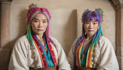 long hair,looking at viewer,bangs,multiple girls,hair ornament,2girls,brown eyes,jewelry,closed mouth,upper body,pink hair,purple hair,braid,white hair,multicolored hair,earrings,multiple boys,2boys,necklace,hair bun,black eyes,two-tone hair,lips,chinese clothes,realistic,hanfu,old woman,1girl,green hair,twin braids,cosplay,double bun