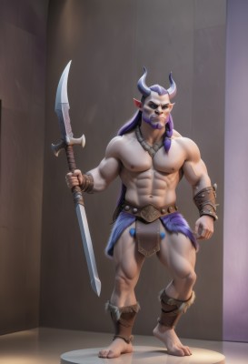 solo,long hair,looking at viewer,1boy,navel,holding,jewelry,nipples,standing,full body,weapon,purple hair,male focus,thighs,horns,barefoot,pointy ears,sword,necklace,stomach,holding weapon,muscular,facial hair,thick thighs,holding sword,abs,pectorals,muscular male,bara,pelvic curtain,beard,large pectorals,bulge,topless male,mature male,mustache,fake horns,bare pectorals,chest hair,loincloth,navel hair,blush,underwear,polearm,male underwear,holding polearm