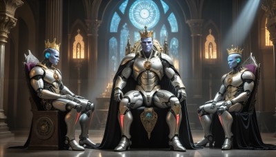 HQ,sitting,weapon,multiple boys,indoors,cape,armor,no humans,window,chair,sunlight,3boys,crown,robot,mecha,science fiction,light rays,joints,throne,looking at viewer,blue eyes,full body,colored skin,reflection,blue skin,arrow (projectile),android,candle,pillar,robot joints,statue,stained glass,church,humanoid robot,reflective floor,column