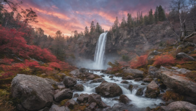 outdoors, sky, cloud, water, tree, no humans, nature, scenery, forest, sunset, rock, mountain, autumn leaves, river, autumn, waterfall, landscape