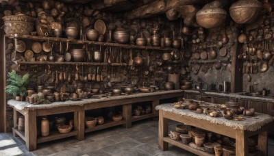 food,indoors,cup,no humans,chair,table,bottle,plant,scenery,plate,bowl,wooden floor,stairs,basket,tiles,potted plant,teapot,shelf,jar,barrel,pavement,box,fantasy,kitchen,shop,counter,rug