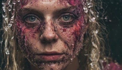 1girl,solo,long hair,looking at viewer,blue eyes,blonde hair,closed mouth,water,blurry,lips,grey eyes,eyelashes,blood,portrait,close-up,realistic,green eyes,pink hair,depth of field,freckles,water drop,blood on face,nose