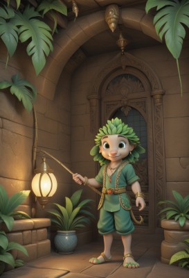 solo,looking at viewer,smile,open mouth,1boy,holding,brown eyes,jewelry,standing,full body,short sleeves,male focus,earrings,green hair,indoors,necklace,black eyes,bracelet,window,leaf,sandals,plant,child,lantern,door,potted plant,lamp,male child,green eyes,tail,artist name,anklet