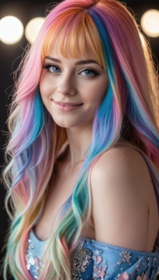 1girl,solo,long hair,breasts,looking at viewer,smile,bangs,blue eyes,blonde hair,shirt,cleavage,bare shoulders,medium breasts,blue hair,upper body,pink hair,multicolored hair,artist name,blunt bangs,off shoulder,mole,two-tone hair,lips,looking to the side,eyelashes,gradient hair,makeup,floral print,blue shirt,eyeshadow,freckles,realistic,nose,off-shoulder shirt,eyeliner,mascara,rainbow hair,parted lips,teeth,blurry,streaked hair,aqua hair,watermark,wavy hair,web address,bokeh