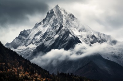 outdoors,sky,day,cloud,tree,no humans,cloudy sky,nature,scenery,snow,forest,mountain,landscape,mountainous horizon,fog,pine tree,monochrome