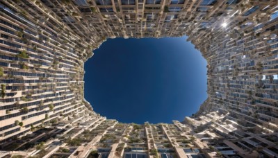 outdoors,sky,day,cloud,tree,blue sky,no humans,sunlight,building,scenery,city,sun,ruins,skyscraper,overgrown,real world location,post-apocalypse