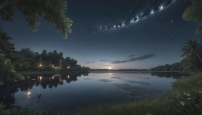 outdoors,sky,cloud,water,tree,no humans,night,grass,plant,star (sky),nature,night sky,scenery,forest,starry sky,reflection,lantern,horizon,dark,river,lake,flower,ocean,moon,landscape,shore,fireflies,reflective water,island