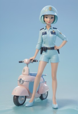 1girl,solo,looking at viewer,smile,short hair,simple background,shirt,black hair,hat,brown eyes,standing,full body,shoes,shorts,belt,dark skin,uniform,black eyes,high heels,dark-skinned female,lips,hand on hip,legs,short shorts,blue background,helmet,blue shirt,ground vehicle,motor vehicle,sleeves rolled up,blue headwear,pocket,pouch,holster,motorcycle,police,police uniform,policewoman,scooter,green hair,water