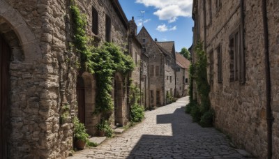 outdoors,sky,day,cloud,tree,blue sky,no humans,window,shadow,plant,building,scenery,stairs,door,road,wall,ruins,house,street,path,stone wall,sunlight,cloudy sky,grass,bush,architecture,power lines,arch,pavement