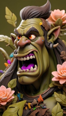 solo,long hair,open mouth,black hair,hair ornament,red eyes,1boy,jewelry,flower,male focus,earrings,teeth,tongue,pointy ears,orange eyes,colored skin,fangs,thick eyebrows,portrait,pink flower,green skin,orc,grey hair,facial hair,leaf,mohawk,tusks