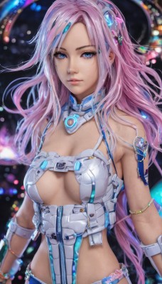 1girl,solo,long hair,breasts,looking at viewer,bangs,blue eyes,hair ornament,cleavage,bare shoulders,jewelry,medium breasts,upper body,pink hair,multicolored hair,bracelet,lips,revealing clothes,science fiction,realistic,headgear,armlet