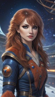 1girl,solo,long hair,breasts,looking at viewer,bangs,blue eyes,brown hair,long sleeves,jewelry,upper body,earrings,belt,mole,lips,fur trim,eyelashes,makeup,lipstick,star (sky),snow,eyeshadow,freckles,nose,red lips,stud earrings,eyeliner,space,mascara,medium breasts,jacket,red hair,parted lips,sky,artist name,orange hair,night,watermark,starry sky,fur collar,realistic,emblem,badge