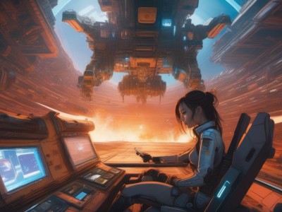 1girl,solo,long hair,breasts,smile,brown hair,black hair,hair ornament,gloves,holding,medium breasts,sitting,fingerless gloves,hair bun,from side,bodysuit,profile,chair,phone,single hair bun,cellphone,robot,mecha,smartphone,science fiction,pilot suit,monitor,spacecraft,tablet pc,cockpit,holographic interface,hologram,ponytail,medium hair,scenery,realistic,hair behind ear,cable,computer,screen