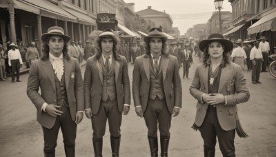 long hair,looking at viewer,smile,multiple girls,shirt,long sleeves,hat,jewelry,closed mouth,standing,jacket,monochrome,braid,greyscale,boots,outdoors,parted lips,multiple boys,open clothes,necktie,day,collared shirt,belt,pants,medium hair,necklace,vest,twin braids,open jacket,lips,buttons,facial hair,6+girls,ground vehicle,building,hair over shoulder,freckles,spot color,walking,6+boys,city,straw hat,road,sepia,lamppost,street,cowboy hat,crowd,mole above mouth,short hair,2girls,formal,suit,scenery,sun hat,town,people