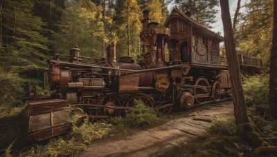 outdoors,sky,day,tree,dutch angle,no humans,sunlight,grass,ground vehicle,nature,scenery,motor vehicle,forest,road,ruins,vehicle focus,gears,path,railroad tracks,signature,plant,house,wheel,tire