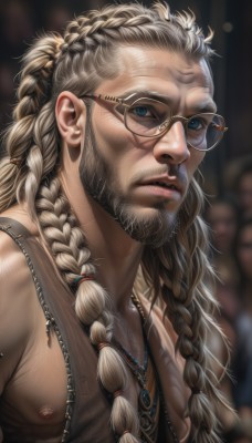 solo,long hair,looking at viewer,blue eyes,1boy,jewelry,nipples,upper body,braid,grey hair,male focus,glasses,solo focus,necklace,blurry,twin braids,lips,muscular,depth of field,blurry background,facial hair,tank top,pectorals,muscular male,beard,black-framed eyewear,mature male,realistic,nose,round eyewear,mustache,manly,old,old man,brown-framed eyewear,multiple braids,blonde hair,closed mouth,white hair,artist name,tattoo,scar,scar on face,scar across eye