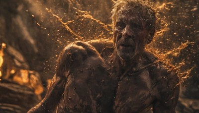 solo,looking at viewer,short hair,1boy,closed mouth,monochrome,upper body,male focus,blurry,blurry background,facial hair,scar,fire,beard,realistic,sepia,brown theme,embers,burning,nude,muscular,pectorals,muscular male,facing viewer,manly