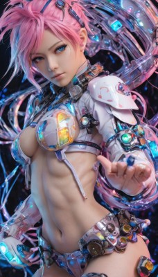 1girl,solo,long hair,breasts,looking at viewer,blue eyes,navel,cleavage,jewelry,medium breasts,ponytail,pink hair,cowboy shot,earrings,midriff,stomach,nail polish,armor,lips,headgear,abs,freckles,science fiction,realistic,cable,closed mouth