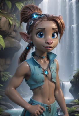 1girl,solo,long hair,breasts,looking at viewer,smile,blue eyes,brown hair,navel,jewelry,ponytail,small breasts,outdoors,parted lips,open clothes,shorts,teeth,sleeveless,choker,day,pointy ears,midriff,pants,dark skin,water,necklace,vest,flat chest,dark-skinned female,lips,wet,goggles,furry,wading,pendant,freckles,goggles on head,blue vest,open vest,waterfall,bare shoulders,collarbone,earrings,shiny,stomach,leaf,zipper,pocket,rock,no shirt