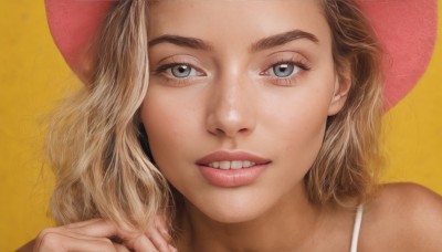 1girl,solo,long hair,looking at viewer,smile,blue eyes,blonde hair,simple background,hat,bare shoulders,parted lips,teeth,lips,grey eyes,eyelashes,portrait,yellow background,close-up,realistic,nose,pink headwear,brown hair,wavy hair