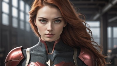 1girl,solo,long hair,looking at viewer,smile,brown hair,brown eyes,closed mouth,green eyes,upper body,indoors,armor,blurry,lips,window,bodysuit,makeup,depth of field,blurry background,portrait,freckles,science fiction,realistic,superhero,red hair,artist name,orange hair,shoulder armor