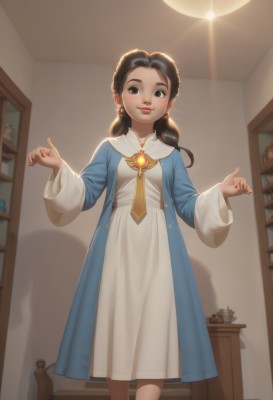 1girl,solo,long hair,breasts,looking at viewer,smile,brown hair,black hair,long sleeves,dress,twintails,brown eyes,jewelry,closed mouth,standing,earrings,indoors,wide sleeves,white dress,lips,feet out of frame,shadow,low twintails,brooch,gem,robe,shelf,blue coat,w arms,blush,hair ornament,artist name,nail polish,sunlight,red nails,backlighting