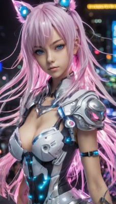 1girl,solo,long hair,breasts,looking at viewer,bangs,blue eyes,large breasts,animal ears,cleavage,jewelry,medium breasts,upper body,pink hair,earrings,cat ears,armor,blurry,leotard,lips,bodysuit,blurry background,fake animal ears,headgear,science fiction,parted lips,shoulder armor,realistic,nose