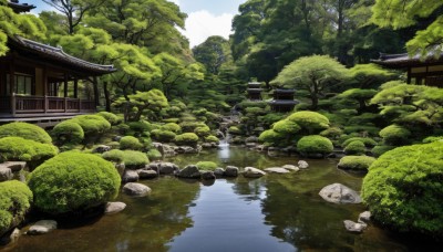 outdoors,sky,day,cloud,water,tree,blue sky,no humans,grass,building,nature,scenery,forest,reflection,rock,architecture,house,bridge,east asian architecture,river,shrine,stone,pond,real world location,plant,bush,stream