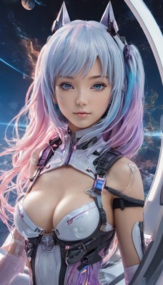 1girl,solo,long hair,breasts,looking at viewer,bangs,blue eyes,hair ornament,gloves,cleavage,bare shoulders,twintails,medium breasts,closed mouth,blue hair,upper body,pink hair,multicolored hair,sky,elbow gloves,artist name,two-tone hair,lips,clothing cutout,bodysuit,gradient hair,makeup,headgear,cleavage cutout,star (sky),science fiction,realistic,space,planet,smile,animal ears,eyelashes,zipper,nose,earth (planet)