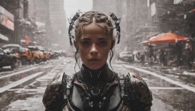 1girl,solo,looking at viewer,short hair,blonde hair,brown hair,closed mouth,upper body,outdoors,horns,dark skin,armor,blurry,dark-skinned female,lips,bodysuit,blurry background,headgear,ground vehicle,shoulder armor,building,motor vehicle,science fiction,city,realistic,car,road,straight-on,street,mole,depth of field,portrait,snow,forehead,freckles,pauldrons