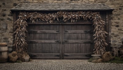 outdoors,tree,no humans,grass,plant,scenery,door,potted plant,wall,brick wall,barrel,crate,wood,leaf,bucket,stone,wooden wall,stone floor,stone wall