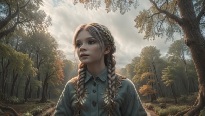 1girl,solo,long hair,blue eyes,brown hair,shirt,hair ornament,upper body,braid,hairband,outdoors,parted lips,sky,day,collared shirt,artist name,cloud,twin braids,tree,lips,looking to the side,grey eyes,buttons,leaf,watermark,looking away,sunlight,cloudy sky,grass,looking up,blue shirt,nature,scenery,hair over shoulder,forest,light rays,realistic,nose,looking afar,sunbeam,blonde hair,dress,flower,grey hair,hair flower