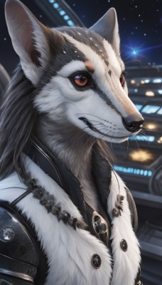 solo,red eyes,1boy,jewelry,jacket,upper body,male focus,sky,artist name,signature,necklace,armor,blurry,no humans,night,animal,star (sky),night sky,furry,starry sky,colored sclera,furry male,leather,whiskers,long hair,looking at viewer,black hair,brown eyes,teeth,coat,fur trim,buttons,realistic,wolf