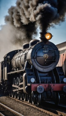 outdoors,sky,day,cloud,military,no humans,ground vehicle,motor vehicle,smoke,realistic,aircraft,military vehicle,airplane,vehicle focus,train,blue sky,tank,train station,railroad tracks