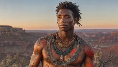 solo,looking at viewer,short hair,blue eyes,brown hair,black hair,1boy,jewelry,nipples,upper body,male focus,outdoors,sky,day,dark skin,necklace,blurry,tattoo,blurry background,dark-skinned male,pectorals,topless male,realistic,facepaint,chest tattoo,bodypaint,desert,dreadlocks,tribal,smile,brown eyes,sunset