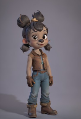 1girl,solo,looking at viewer,blush,smile,short hair,simple background,brown hair,shirt,black hair,gloves,twintails,brown eyes,standing,jacket,full body,boots,sleeveless,belt,pants,dark skin,grey background,vest,dark-skinned female,brown footwear,denim,short twintails,child,furry,brown gloves,jeans,furry female,blue pants,female child,leather,hair ornament,animal ears,hair bobbles,freckles,sleeveless jacket,brown fur