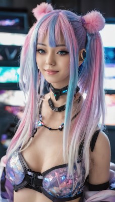 1girl,solo,long hair,breasts,looking at viewer,smile,bangs,blue eyes,hair ornament,cleavage,bare shoulders,twintails,jewelry,medium breasts,closed mouth,underwear,blue hair,jacket,upper body,pink hair,multicolored hair,small breasts,open clothes,choker,necklace,bra,blurry,collar,two-tone hair,lips,streaked hair,grey eyes,eyelashes,makeup,blurry background,piercing,eyeshadow,realistic,mascara,flower,sidelocks,artist name,hair flower,depth of field,ear piercing,pink lips,cyberpunk