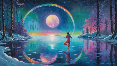 1girl,solo,standing,nude,outdoors,sky,barefoot,artist name,cloud,signature,water,tree,night,colored skin,moon,star (sky),nature,night sky,scenery,snow,full moon,forest,starry sky,reflection,mountain,winter,ripples,rainbow,colorful,lake,aurora,bodysuit,watermark,sun