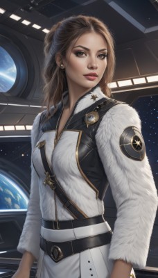 1girl,solo,long hair,breasts,looking at viewer,brown hair,brown eyes,jewelry,earrings,belt,lips,coat,fur trim,makeup,lipstick,star (sky),eyeshadow,science fiction,black belt,realistic,nose,white coat,red lips,space,planet,earth (planet),long sleeves,medium breasts,braid,parted lips,artist name,indoors,uniform,military,military uniform,backlighting,emblem,spacecraft