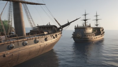 weapon,outdoors,multiple boys,sky,day,water,tree,military,no humans,ocean,scenery,turret,cannon,military vehicle,anchor,flag,watercraft,vehicle focus,ship,boat,smokestack,world war ii,warship,mast,reflection,radio antenna